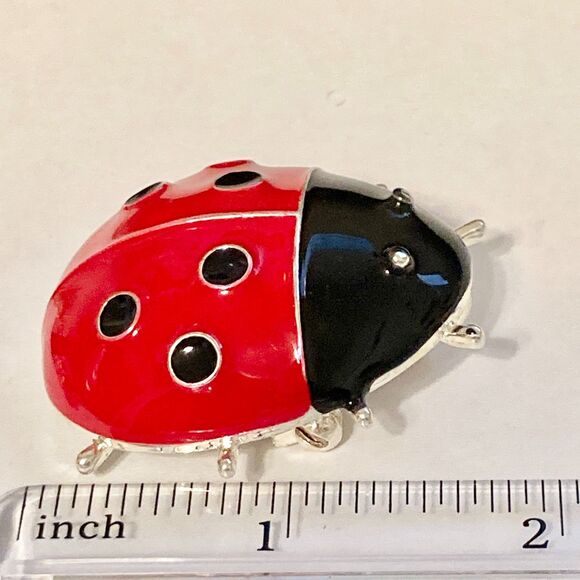 Red Ladybug Pin Brooch Pendant Necklace Enamel 22" Black Cord Insect Bug Big - Picture 12 of 12